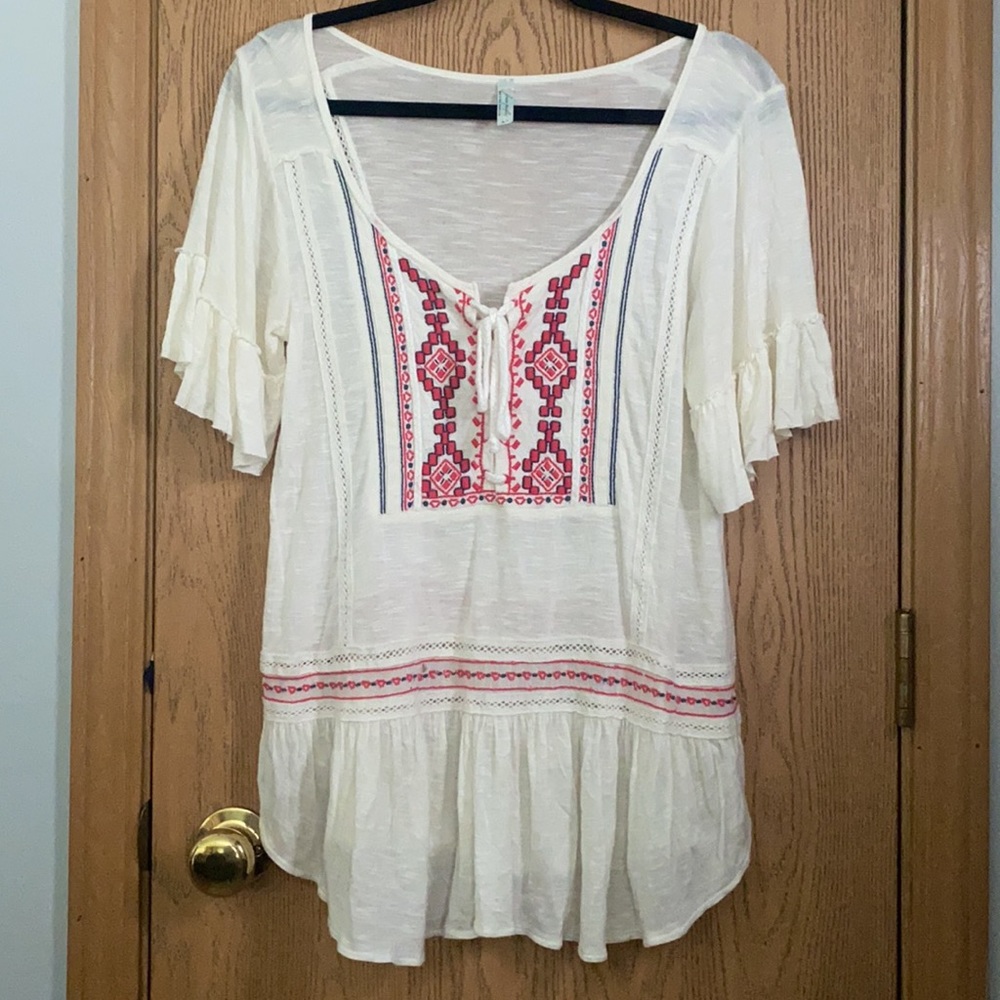 Free People Embroidered /Ruffle Sleeve Top